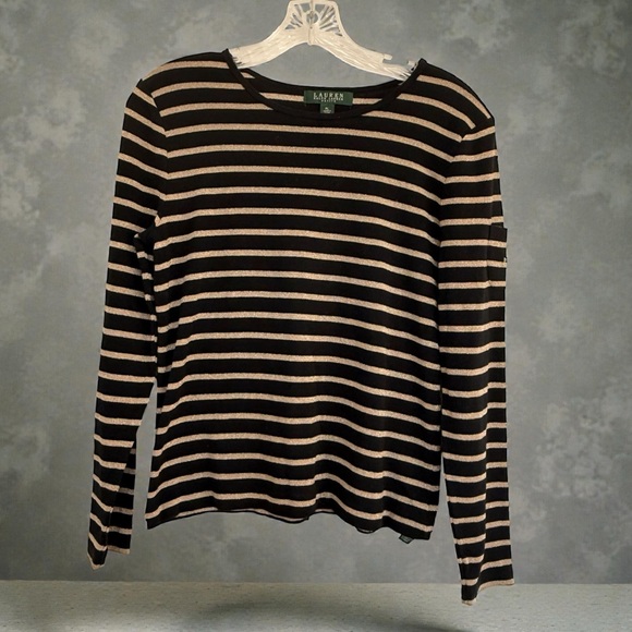 Lauren Ralph Lauren Petite Large Black & Gold Metallic Stripe Top - Picture 3 of 11